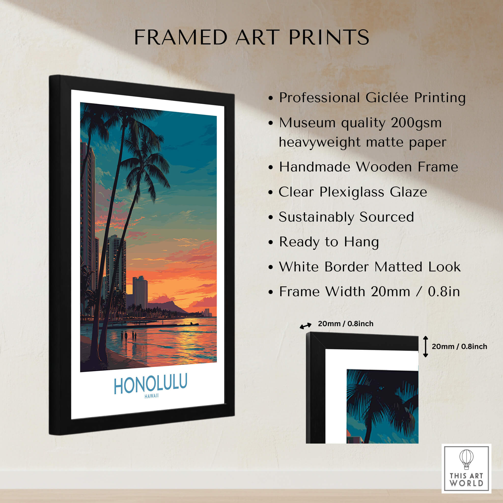 Honolulu Hawaii Canvas Print | Sunset Beach & Palm Trees Poster framed art print showcasing vibrant sunset colors.