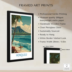 Honolulu Hawaii Poster | Tropical Beach & Diamond Head Canvas Print framed artwork showcasing tropical scenery and Diamond Head.