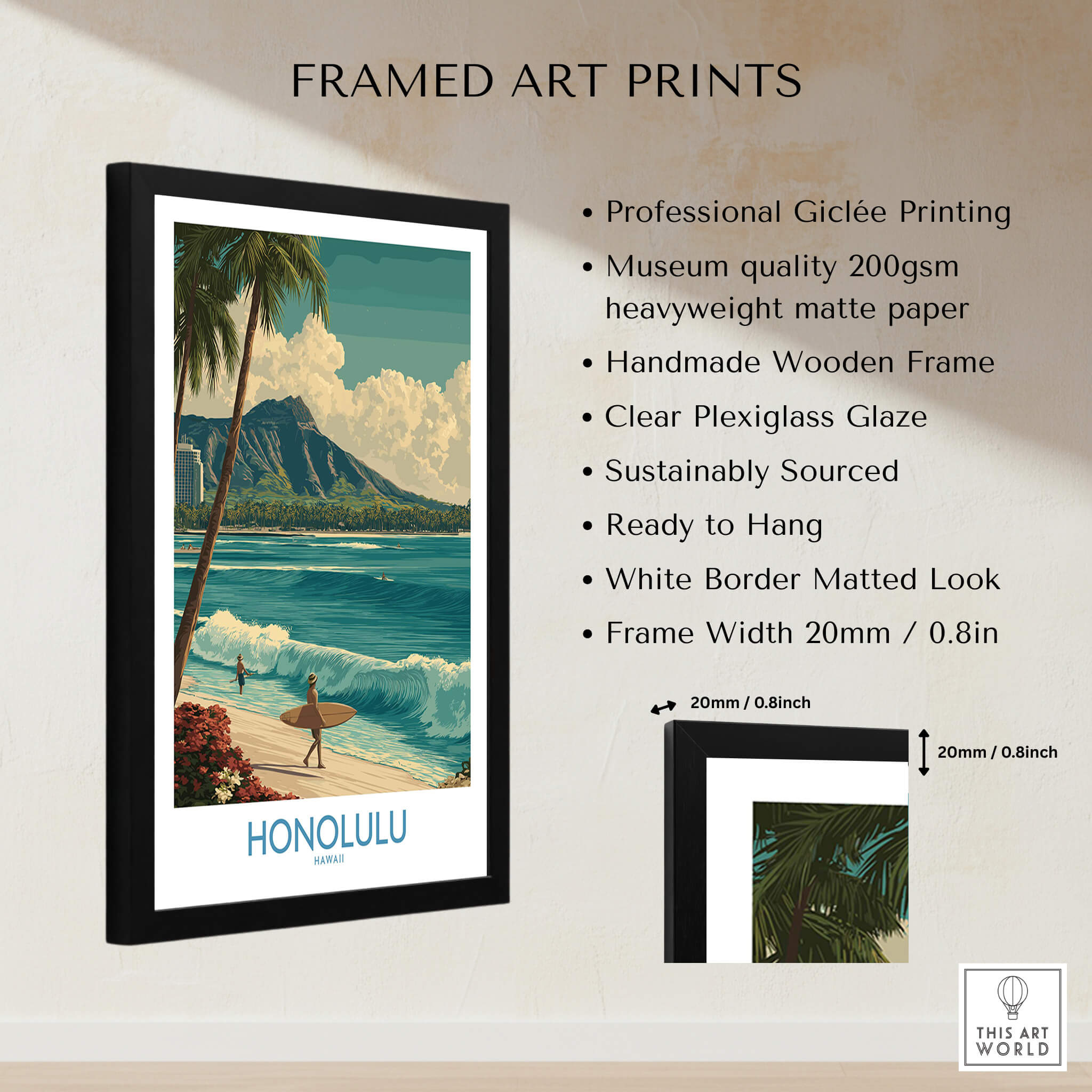 Honolulu Hawaii Poster | Tropical Beach & Diamond Head Canvas Print framed artwork showcasing tropical scenery and Diamond Head.