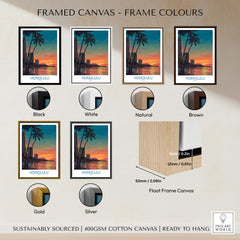 Honolulu Hawaii Canvas Print | Sunset Beach & Palm Trees Poster framed canvas colors including black, white, natural, brown, gold, silver