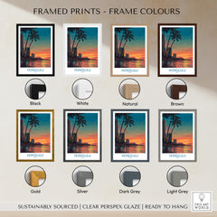 Framed prints color options for Honolulu Hawaii Canvas Print | Sunset Beach & Palm Trees Poster, showcasing various frame colors.