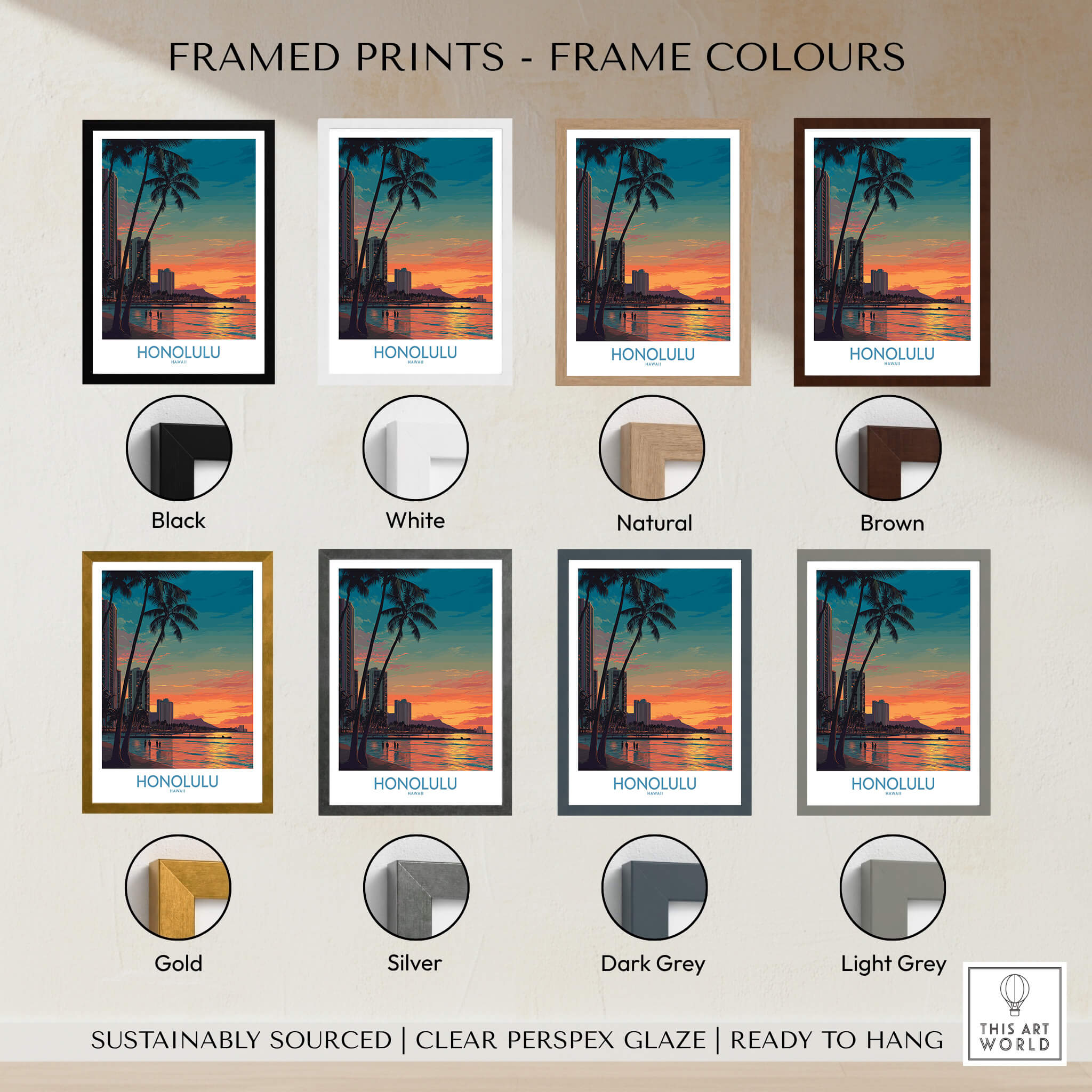 Framed prints color options for Honolulu Hawaii Canvas Print | Sunset Beach & Palm Trees Poster, showcasing various frame colors.