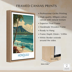 Honolulu Hawaii Poster | Tropical Beach & Diamond Head Canvas Print framed in a stylish wooden frame displaying a tropical beach scene.