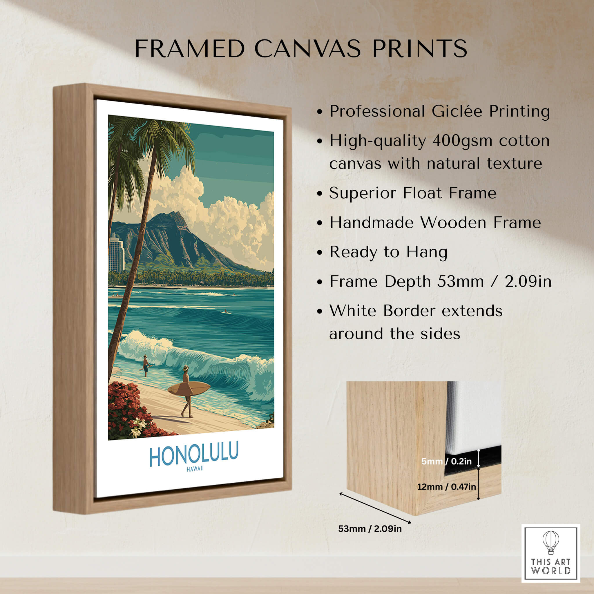 Honolulu Hawaii Poster | Tropical Beach & Diamond Head Canvas Print framed in a stylish wooden frame displaying a tropical beach scene.