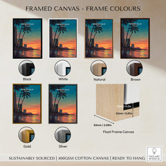 Framed canvas options for Honolulu Hawaii Travel Poster | Waikiki Sunset Cityscape Wall Art Print in various colors.