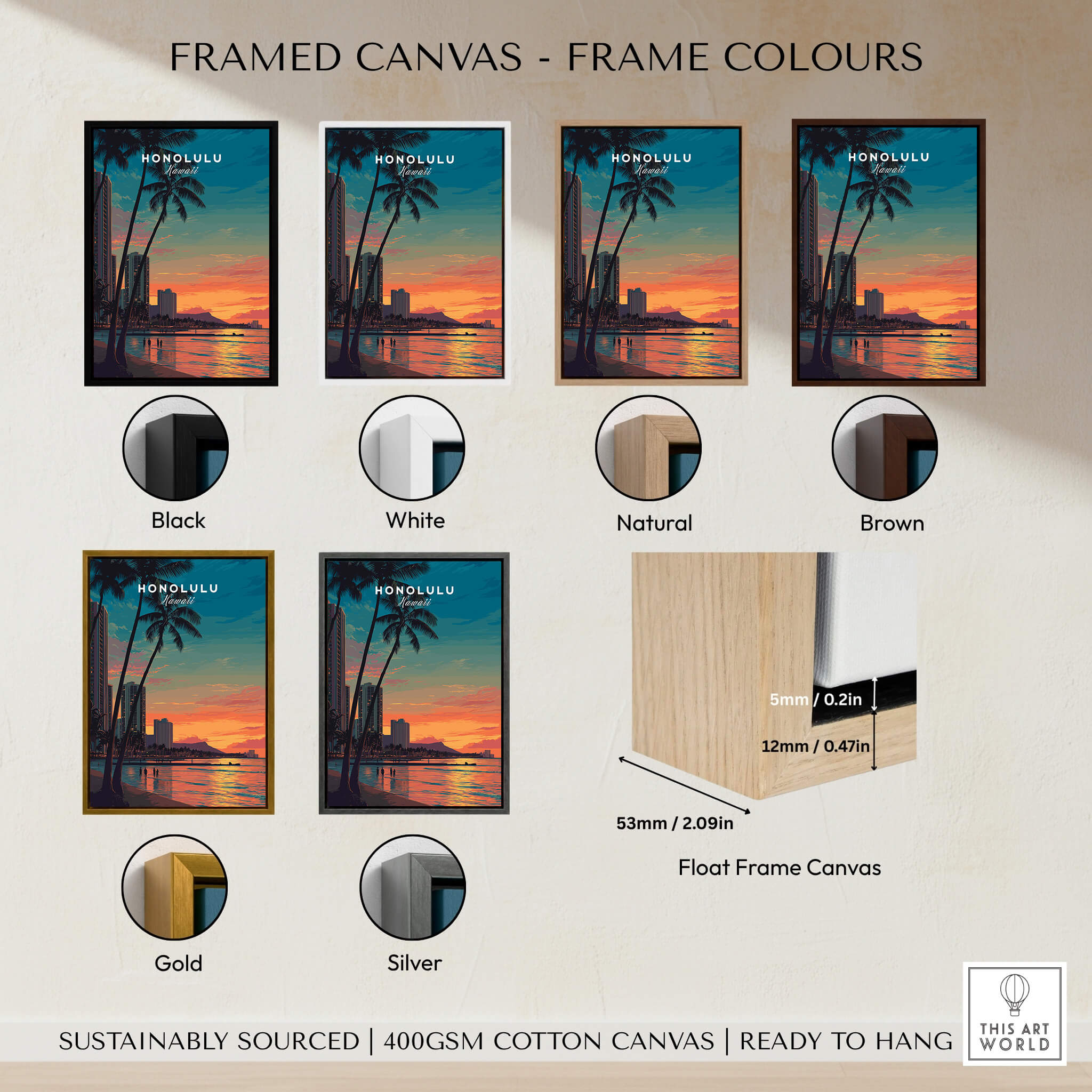 Framed canvas options for Honolulu Hawaii Travel Poster | Waikiki Sunset Cityscape Wall Art Print in various colors.