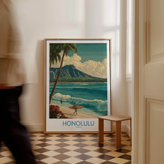 Honolulu Hawaii Poster | Tropical Beach & Diamond Head Canvas Print featuring a surfer and Diamond Head in the background.