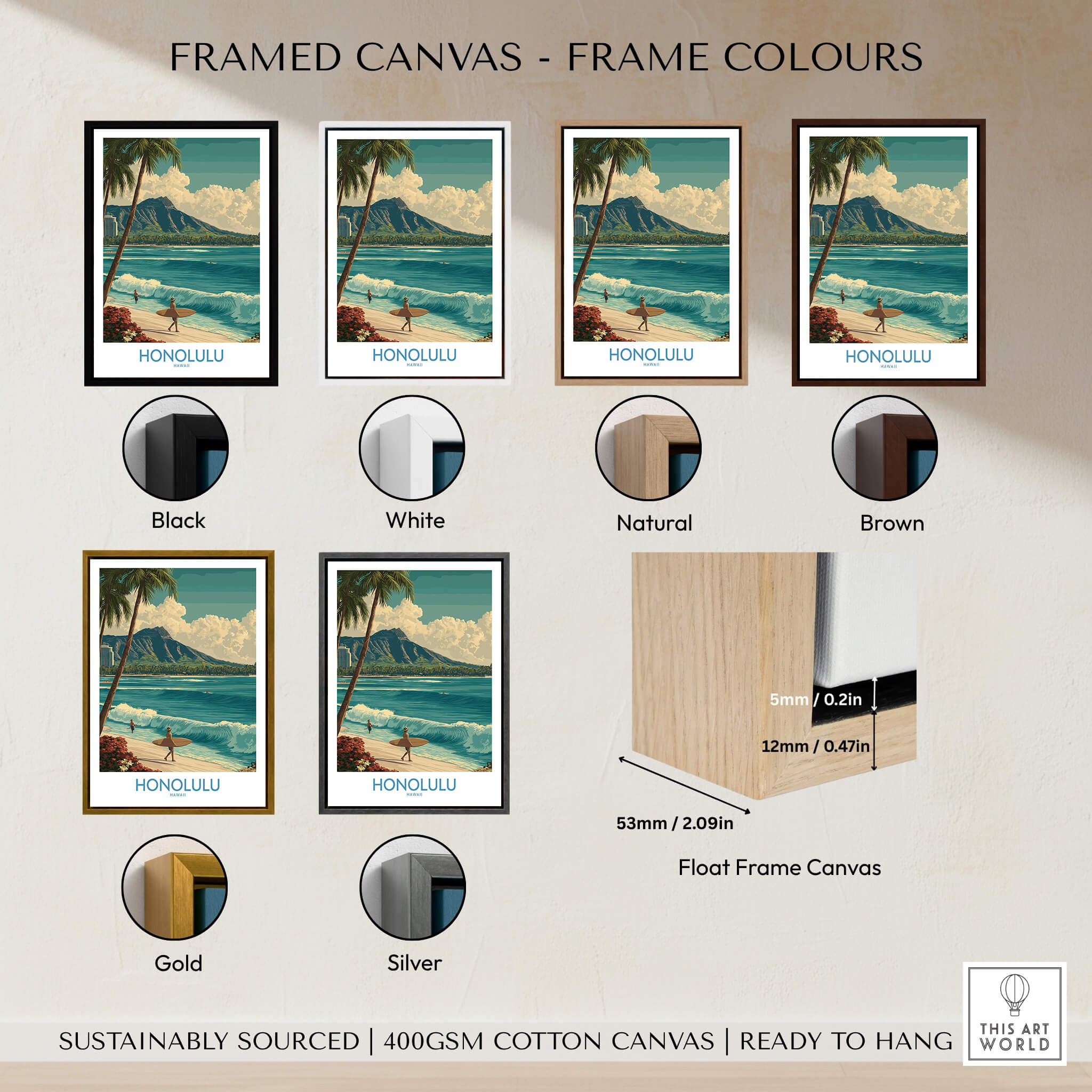 Honolulu Hawaii Poster | Tropical Beach & Diamond Head Canvas Print framed in various colors including black, white, natural, brown, gold, and silver.