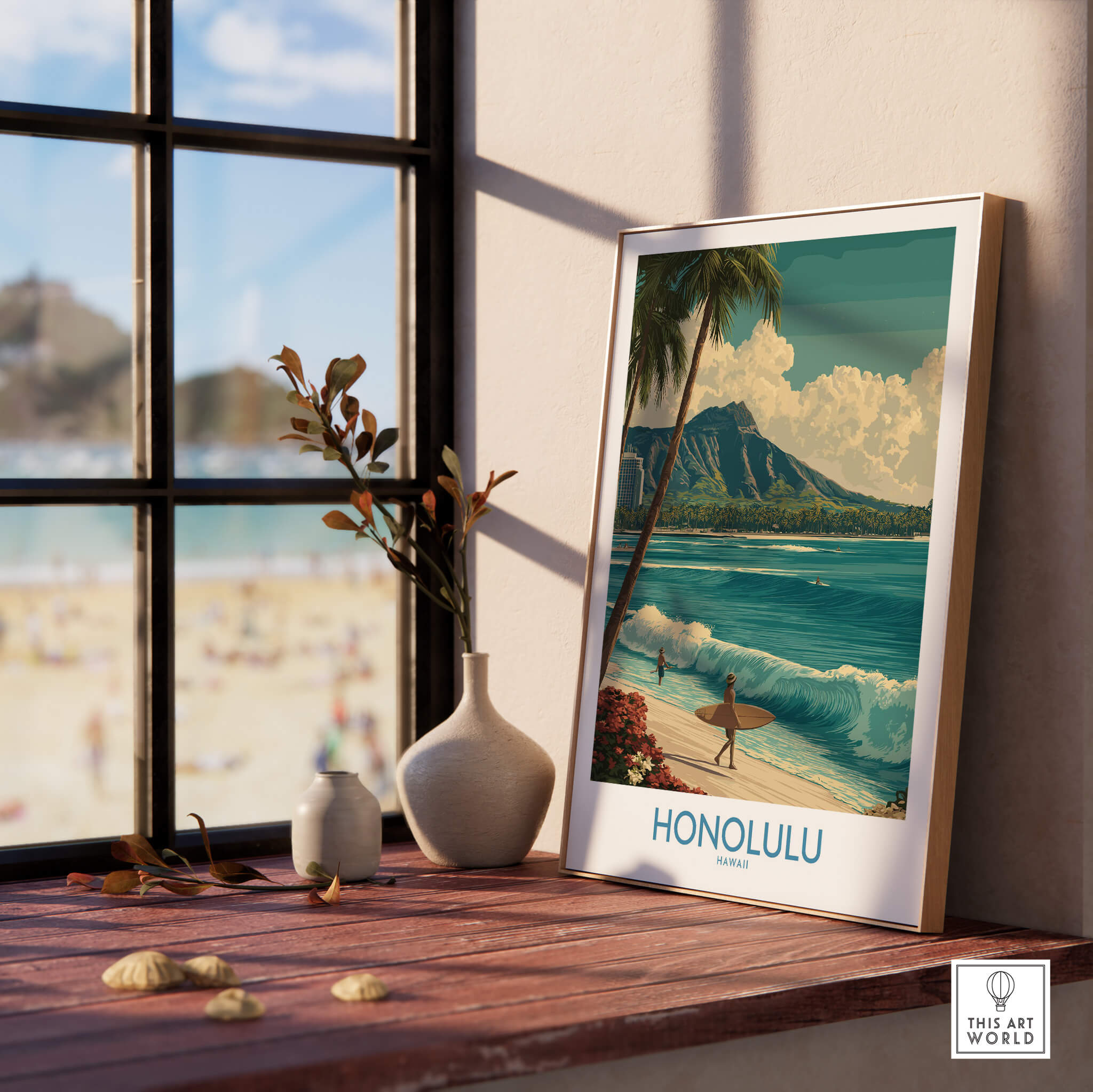Honolulu Hawaii Poster | Tropical Beach & Diamond Head Canvas Print beautifully displayed in a sunlit room.