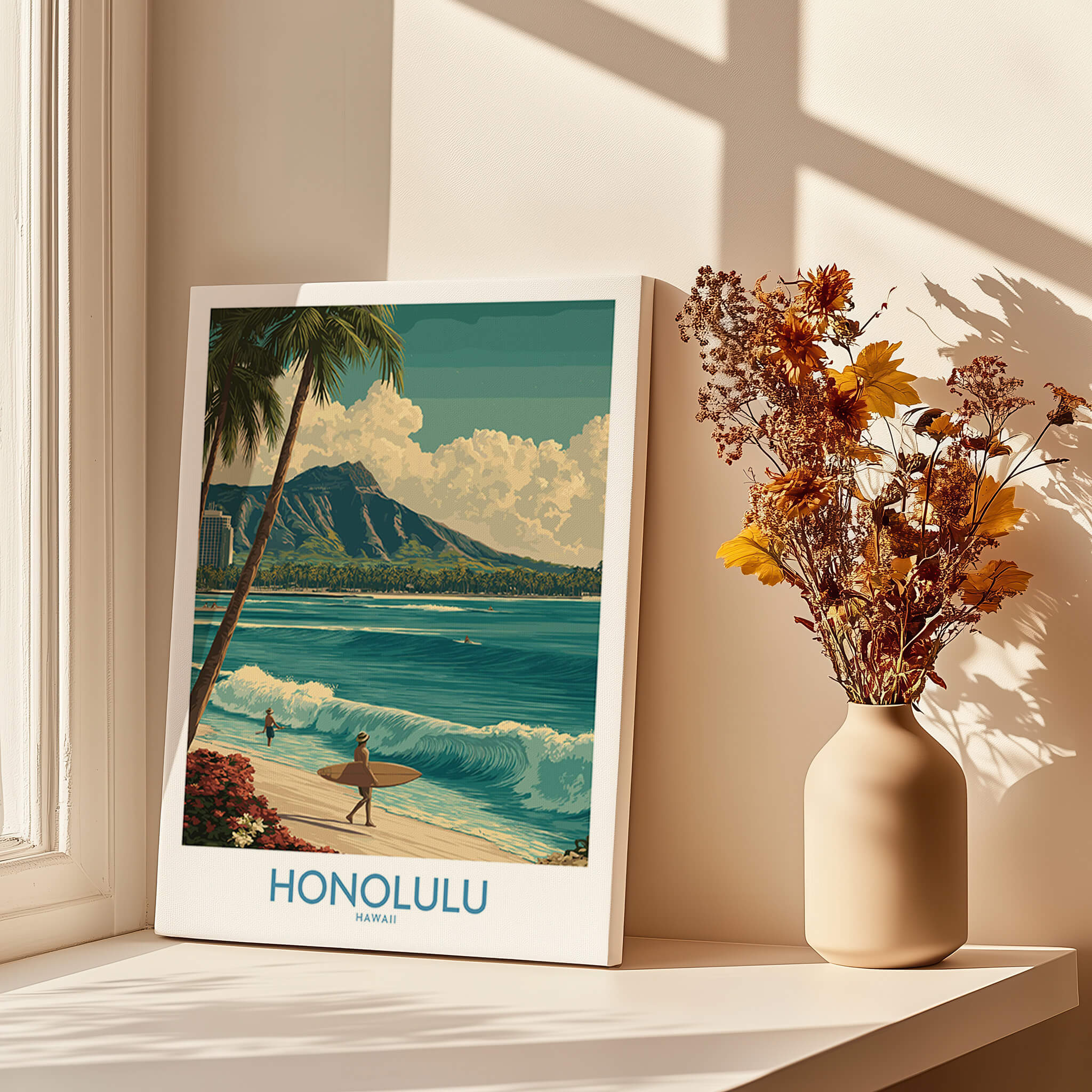 Honolulu Hawaii Poster | Tropical Beach & Diamond Head Canvas Print featuring Diamond Head and surfers.