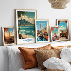 Honolulu Hawaii Poster | Tropical Beach & Diamond Head Canvas Print displayed among travel artwork on a cozy sofa.