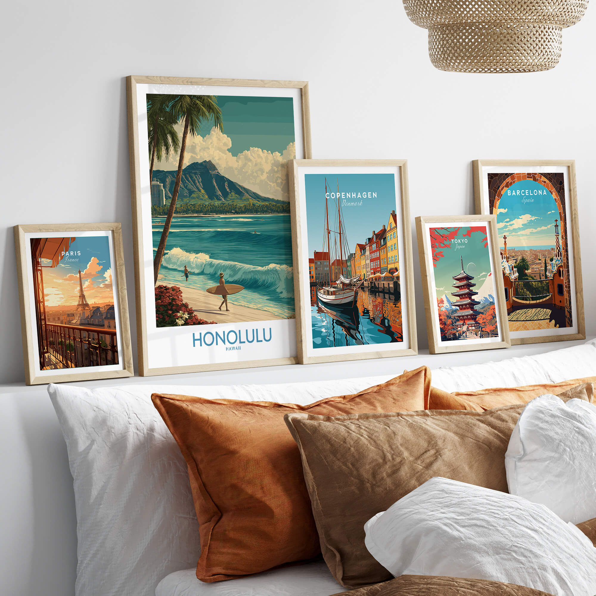Honolulu Hawaii Poster | Tropical Beach & Diamond Head Canvas Print displayed among travel artwork on a cozy sofa.