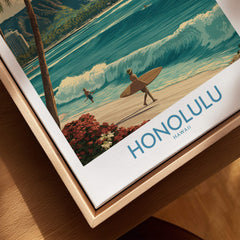 Honolulu Hawaii Poster | Tropical Beach & Diamond Head Canvas Print showcasing surfers on a beautiful beach.