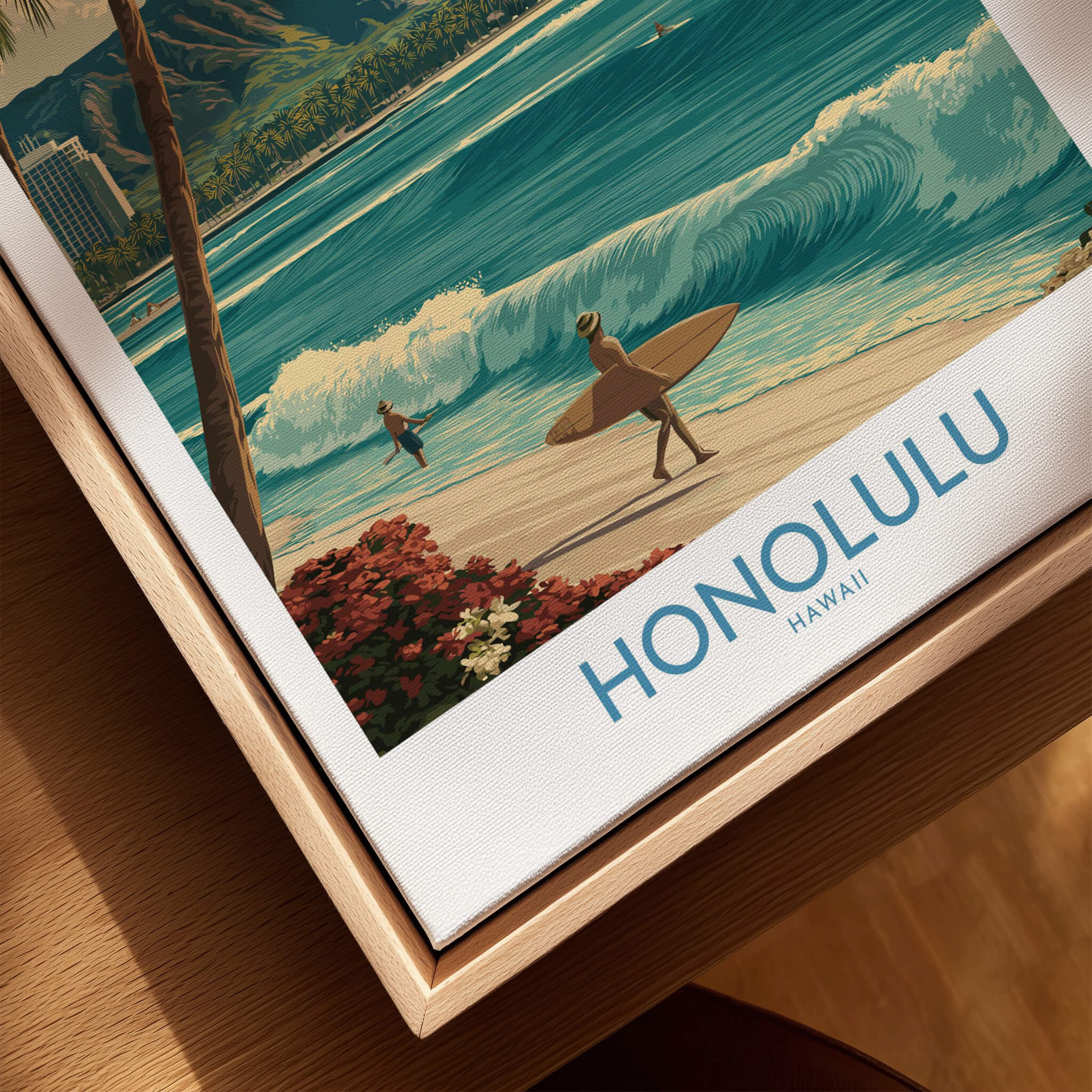 Honolulu Hawaii Poster | Tropical Beach & Diamond Head Canvas Print showcasing surfers on a beautiful beach.