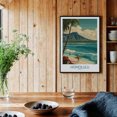 Honolulu Hawaii Poster | Tropical Beach & Diamond Head Canvas Print in a cozy interior with a wooden wall.