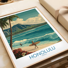 Honolulu Hawaii Poster | Tropical Beach & Diamond Head Canvas Print showcasing a surfer and Diamond Head in the background.