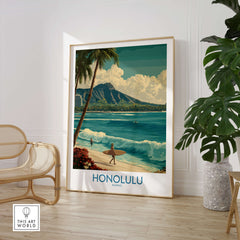 Honolulu Hawaii Poster | Tropical Beach & Diamond Head Canvas Print showcasing Diamond Head and turquoise waters.