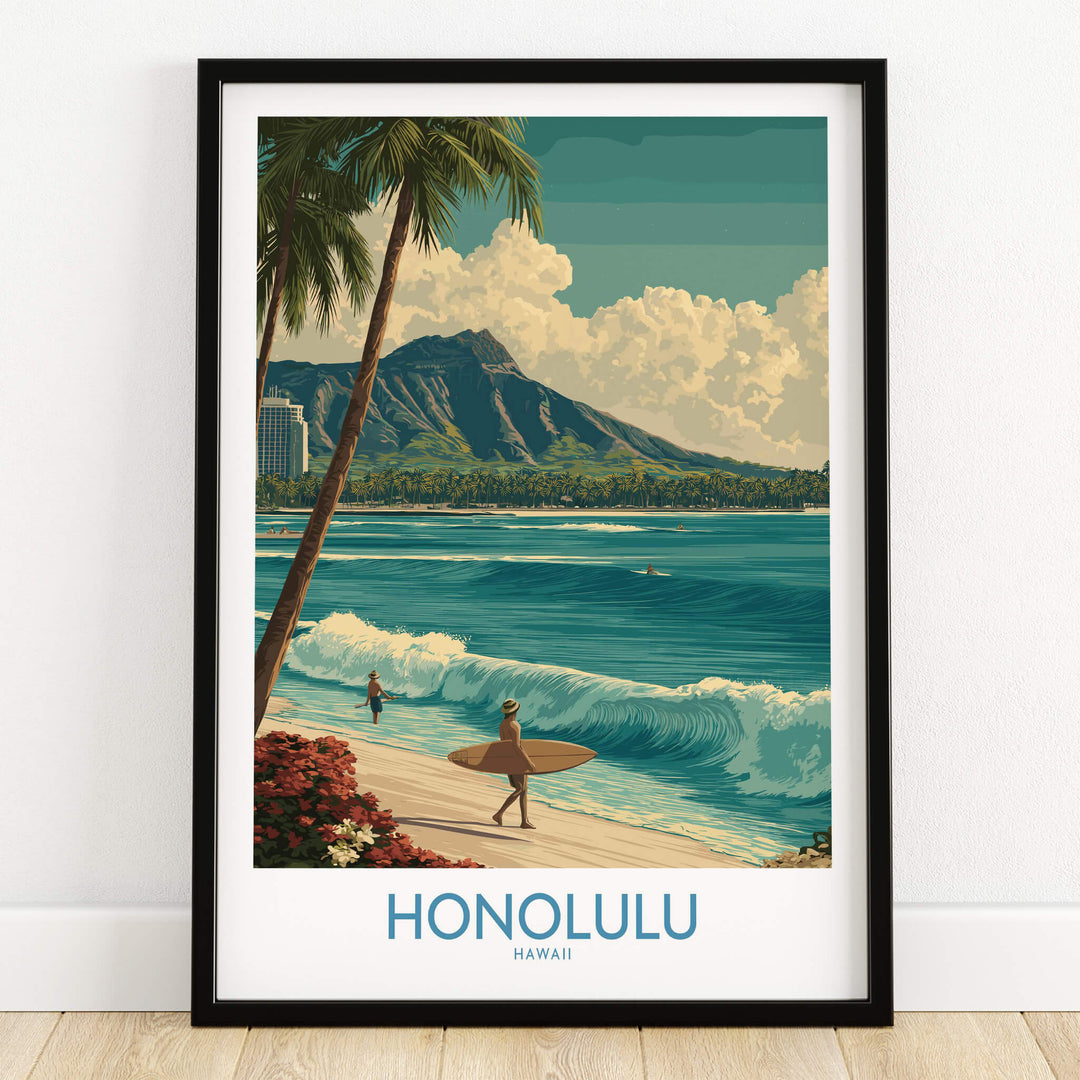 Honolulu Hawaii Poster | Tropical Beach & Diamond Head Canvas Print showcasing a surfer by the beach and Diamond Head in the background.