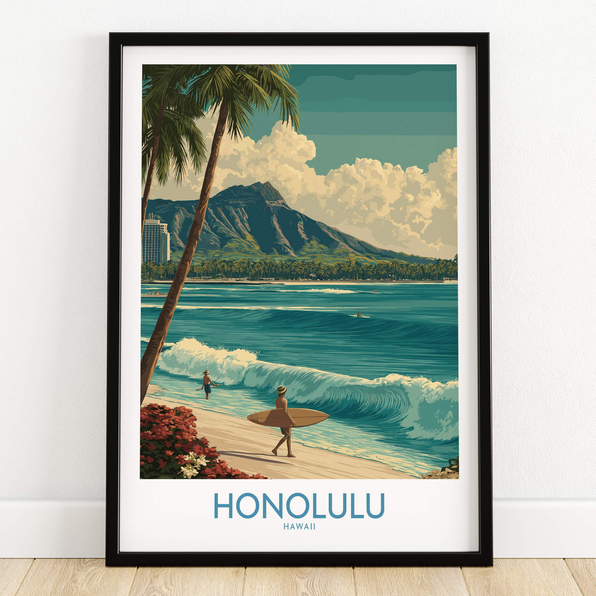 Honolulu Hawaii Poster | Tropical Beach & Diamond Head Canvas Print showcasing a surfer by the beach and Diamond Head in the background.