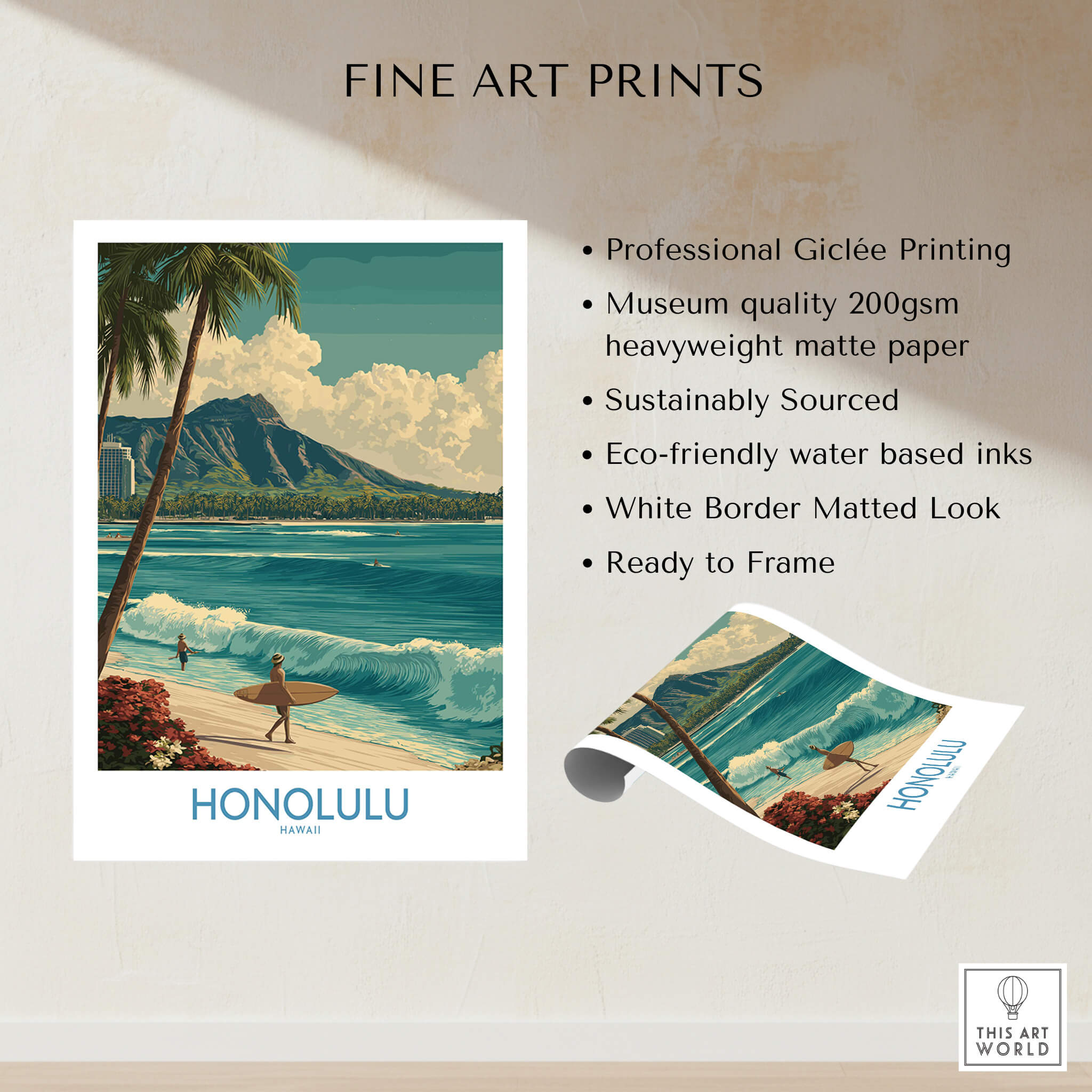 Honolulu Hawaii Poster | Tropical Beach & Diamond Head Canvas Print featuring vintage art and quality details.