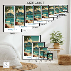 Honolulu Hawaii Poster | Tropical Beach & Diamond Head Canvas Print size guide with various frame dimensions.