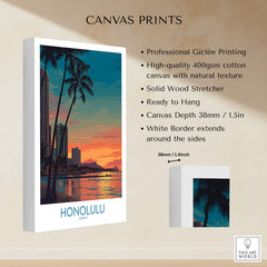 Honolulu Hawaii Canvas Print | Sunset Beach & Palm Trees Poster showcasing professional Giclée printing and vibrant sunset design.