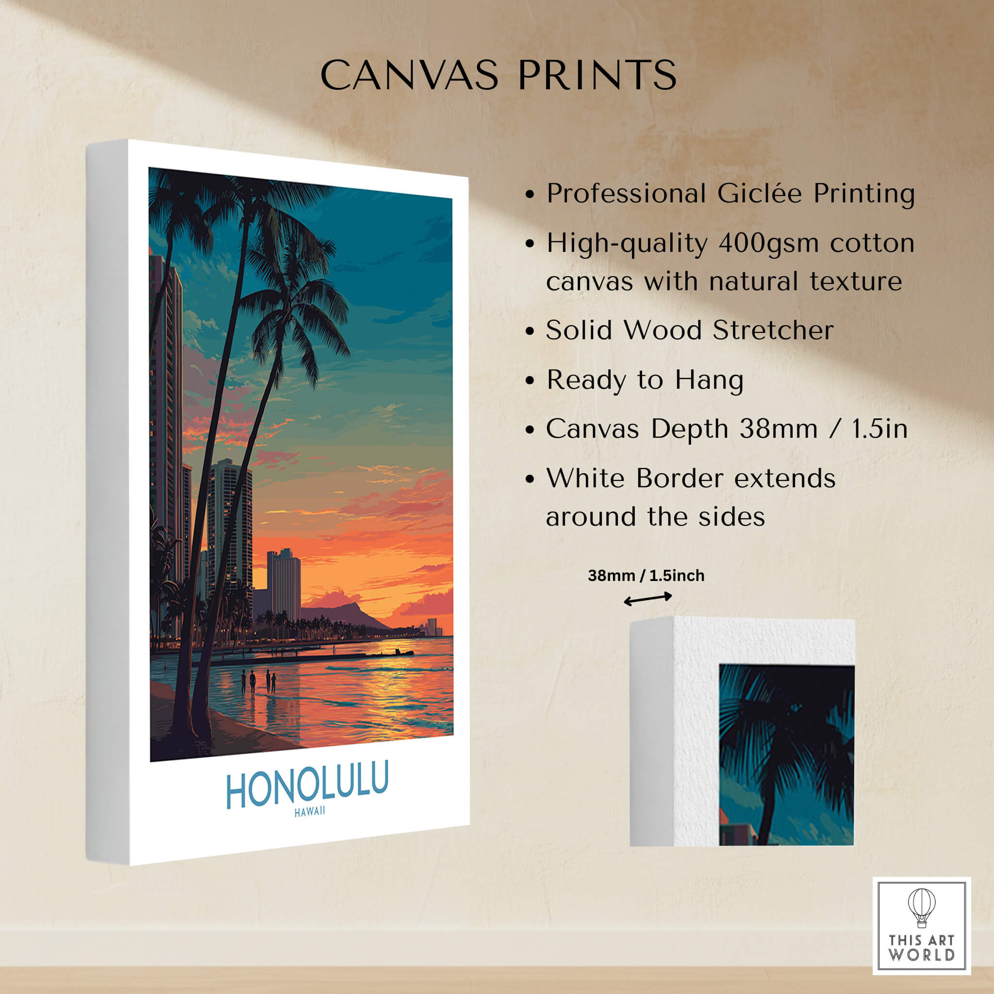 Honolulu Hawaii Canvas Print | Sunset Beach & Palm Trees Poster showcasing professional Giclée printing and vibrant sunset design.