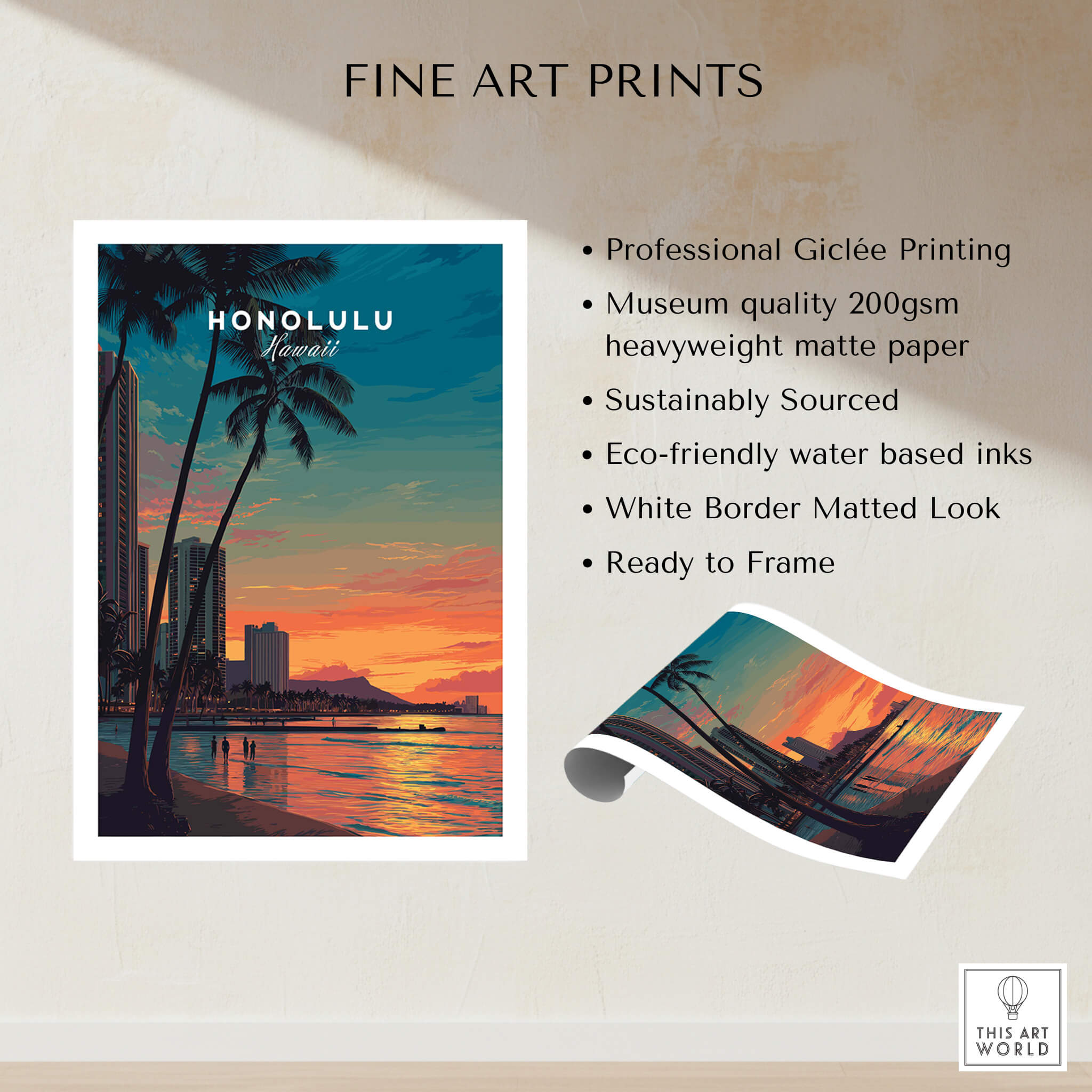 Honolulu Hawaii Travel Poster | Waikiki Sunset Cityscape Wall Art Print showcasing sunset over cityscape with palm trees.