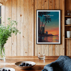 Honolulu Hawaii Travel Poster | Waikiki Sunset Cityscape Wall Art Print displayed on wooden wall with decor