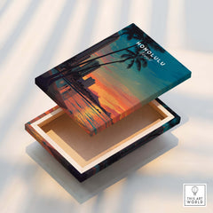 Honolulu Hawaii Travel Poster | Waikiki Sunset Cityscape Wall Art Print on a decorative box with vibrant sunset colors.