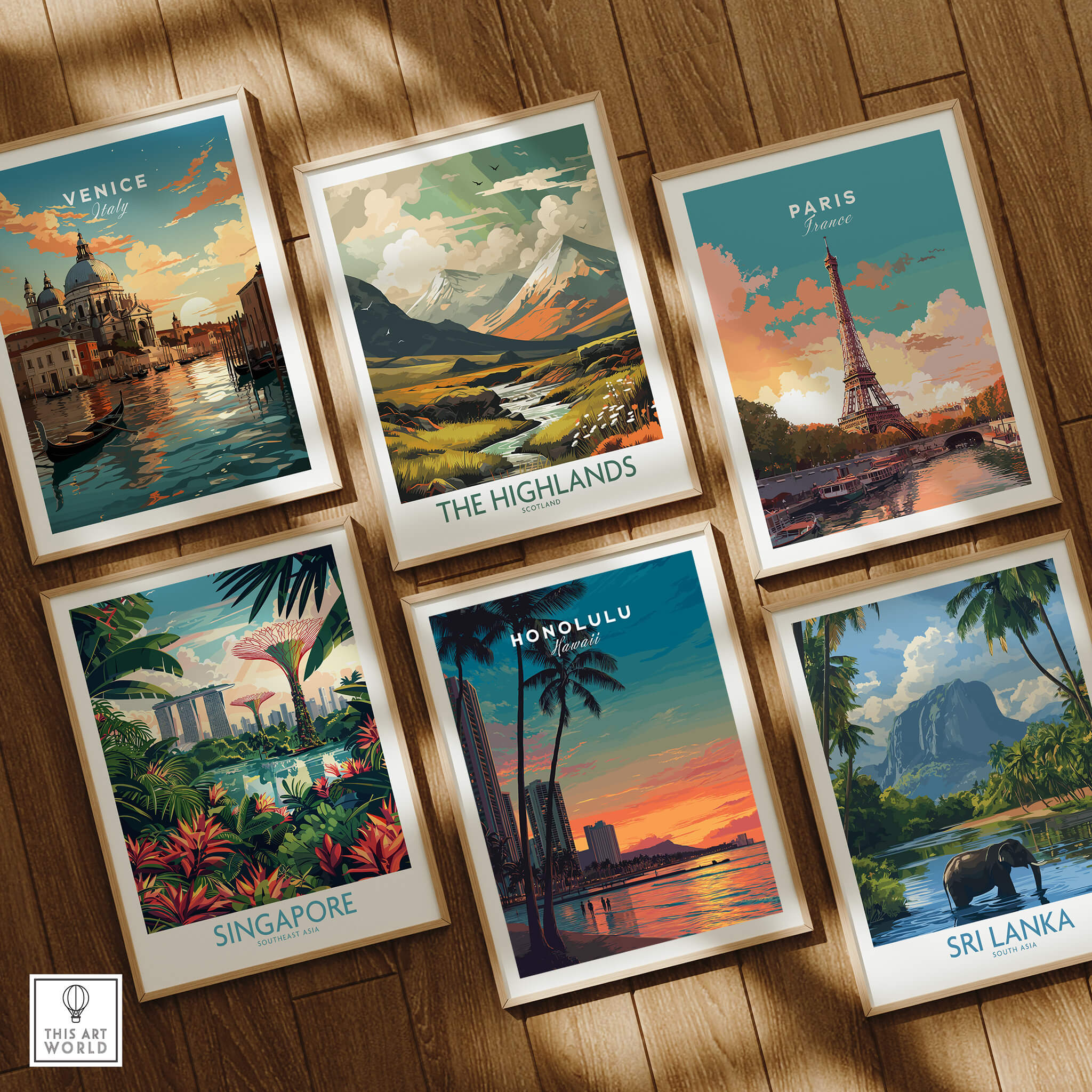 Honolulu Hawaii Travel Poster | Waikiki Sunset Cityscape Wall Art Print featuring stunning travel art collection.