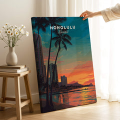 Honolulu Hawaii Travel Poster | Waikiki Sunset Cityscape Wall Art Print featuring vibrant sunset over cityscape and palm trees.