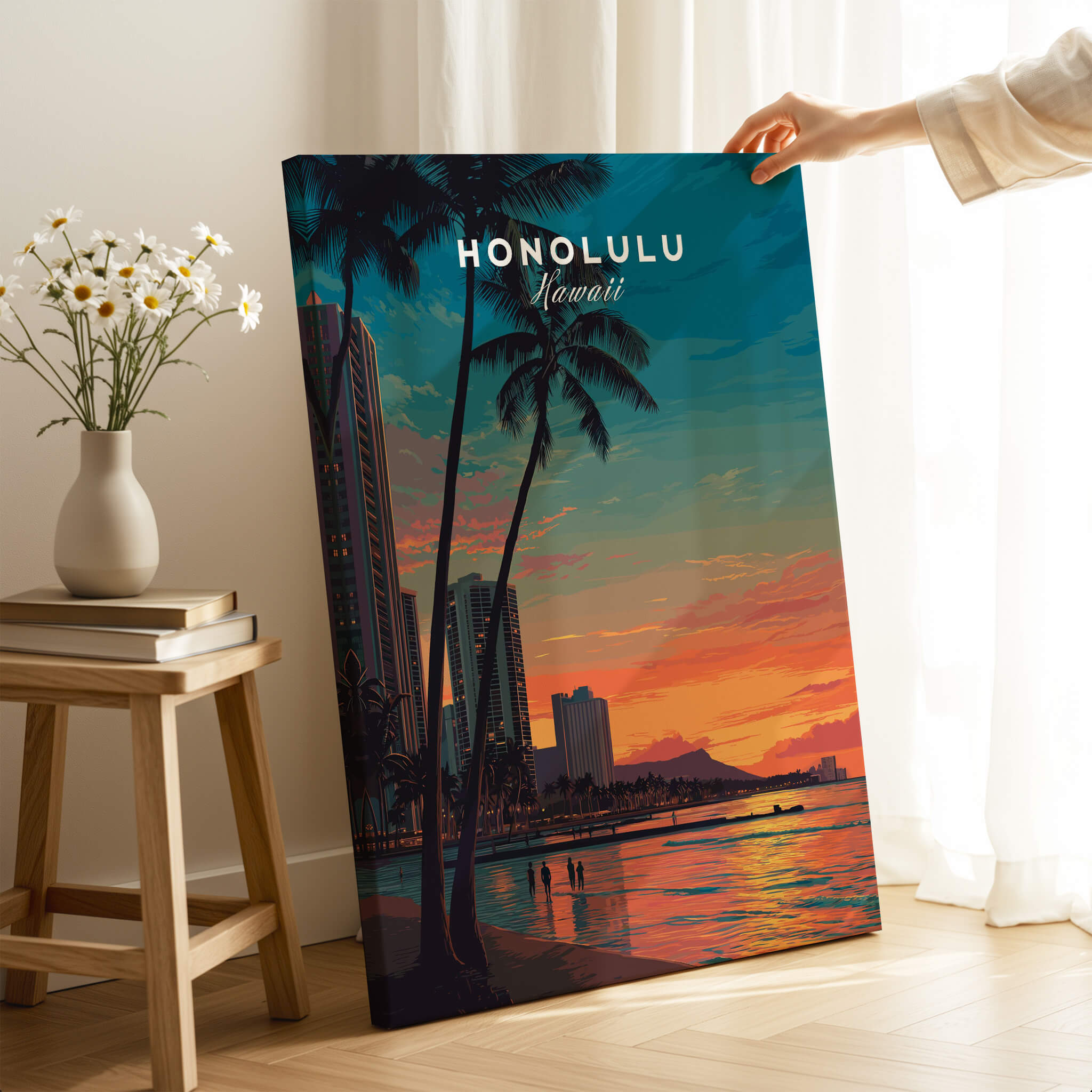 Honolulu Hawaii Travel Poster | Waikiki Sunset Cityscape Wall Art Print featuring vibrant sunset over cityscape and palm trees.