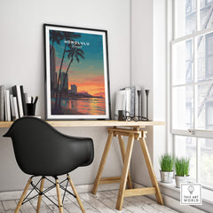 Honolulu Hawaii Travel Poster | Waikiki Sunset Cityscape Wall Art Print in a stylish office setting.