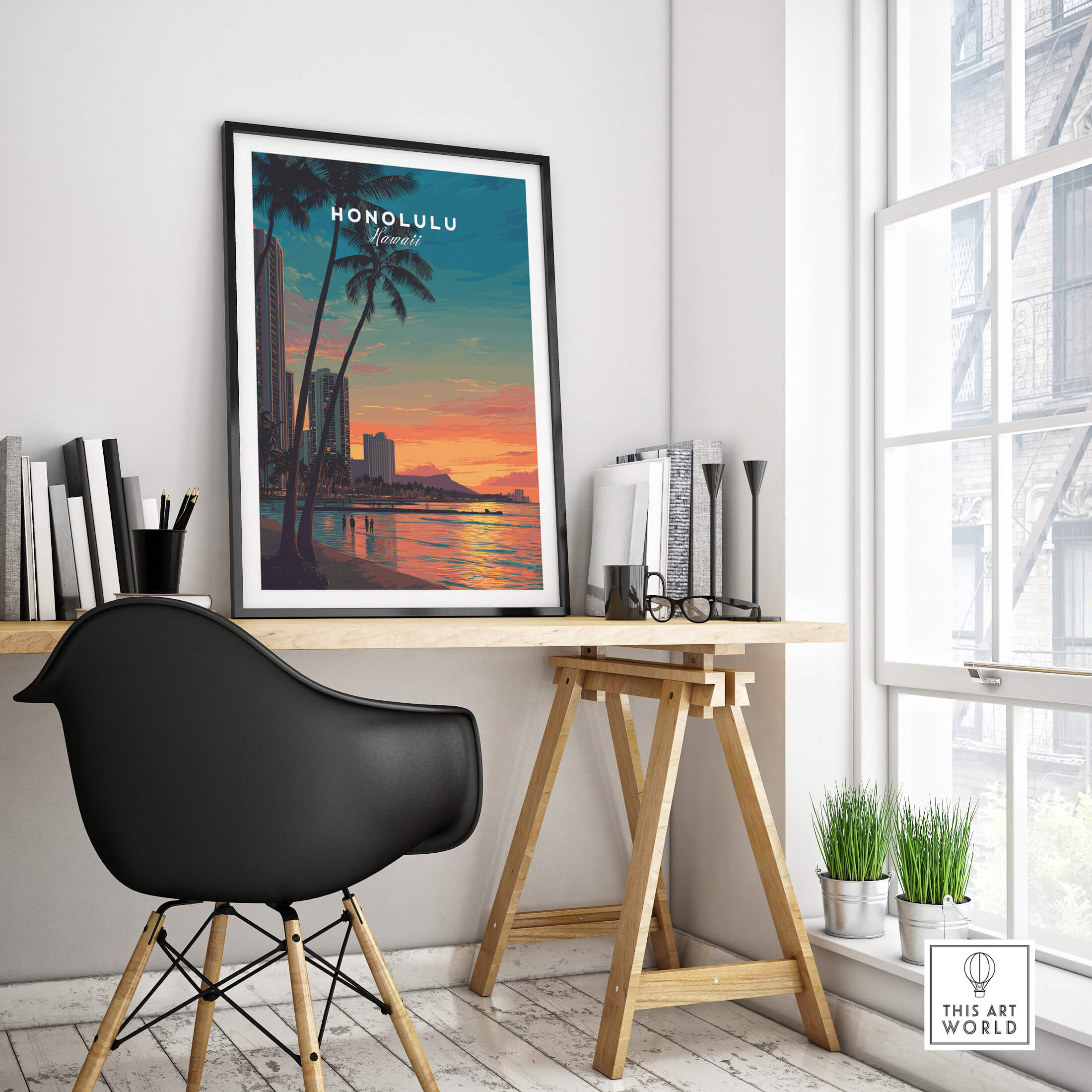 Honolulu Hawaii Travel Poster | Waikiki Sunset Cityscape Wall Art Print in a stylish office setting.