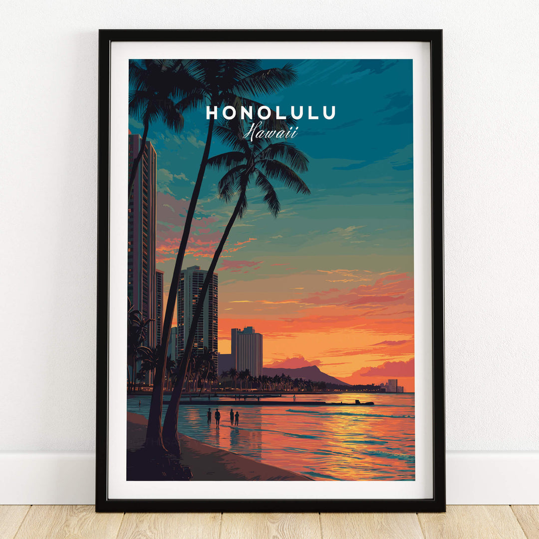 Honolulu Hawaii Travel Poster | Waikiki Sunset Cityscape Wall Art Print featuring a colorful sunset over city skyline.
