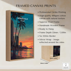 Honolulu Hawaii Travel Poster | Waikiki Sunset Cityscape Wall Art Print framed canvas print with wooden frame and vibrant sunset scene.