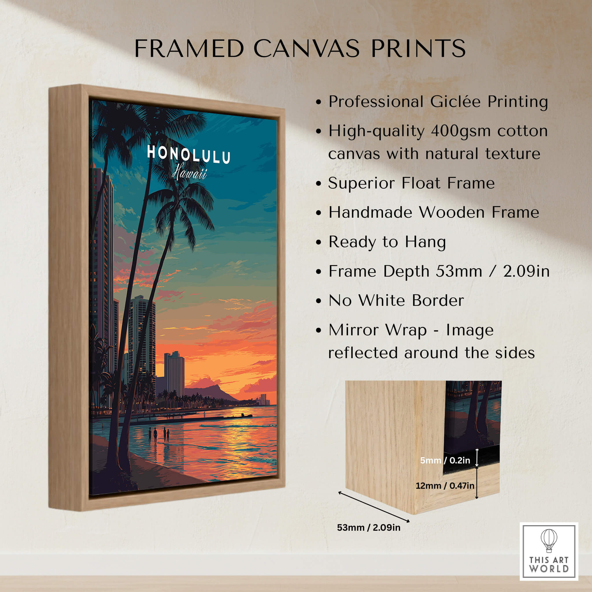 Honolulu Hawaii Travel Poster | Waikiki Sunset Cityscape Wall Art Print framed canvas print with wooden frame and vibrant sunset scene.