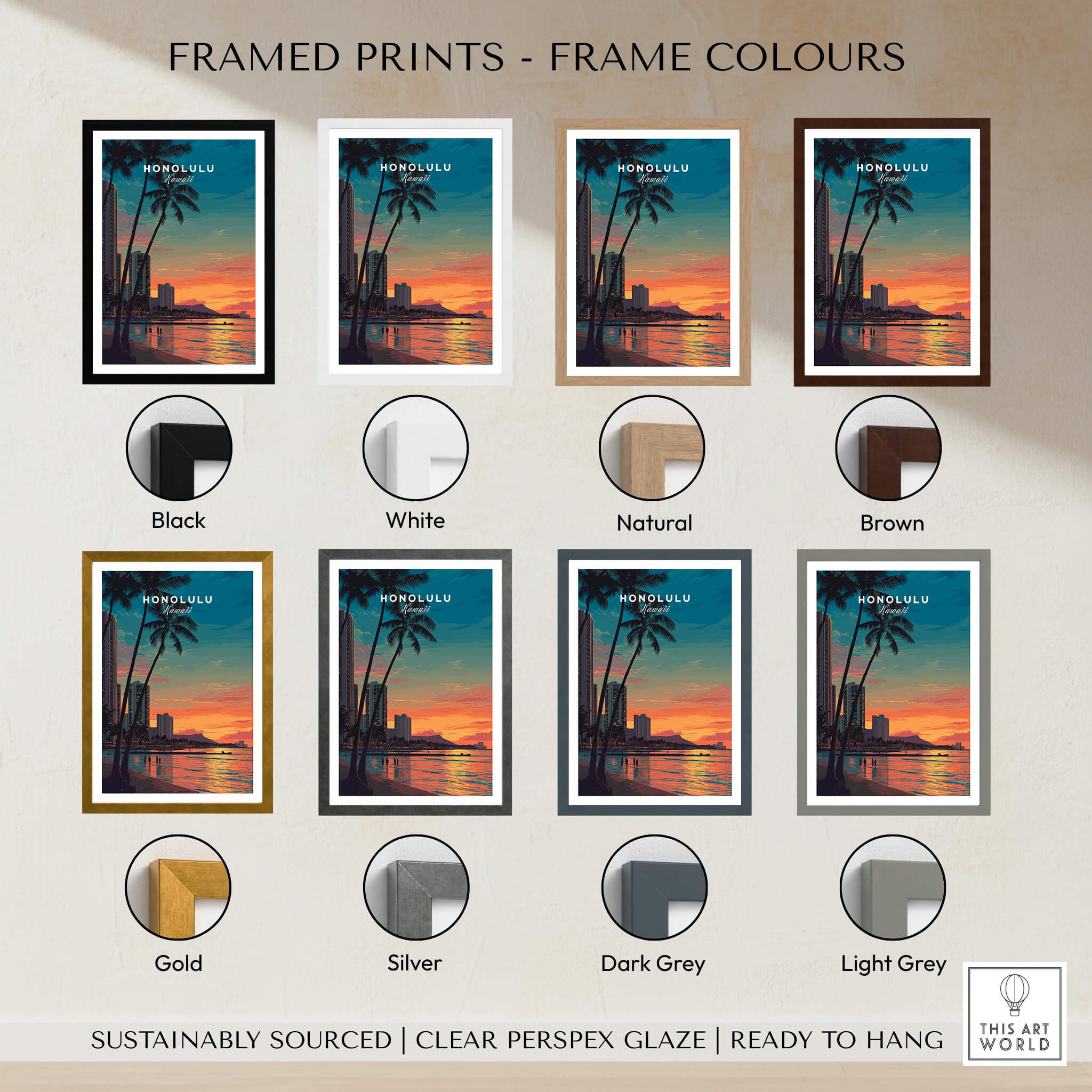 Honolulu Hawaii Travel Poster | Waikiki Sunset Cityscape Wall Art Print framed in various color options including black, white, and natural.