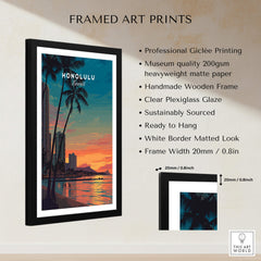 Honolulu Hawaii Travel Poster | Waikiki Sunset Cityscape Wall Art Print showcasing framed art print with professional quality.