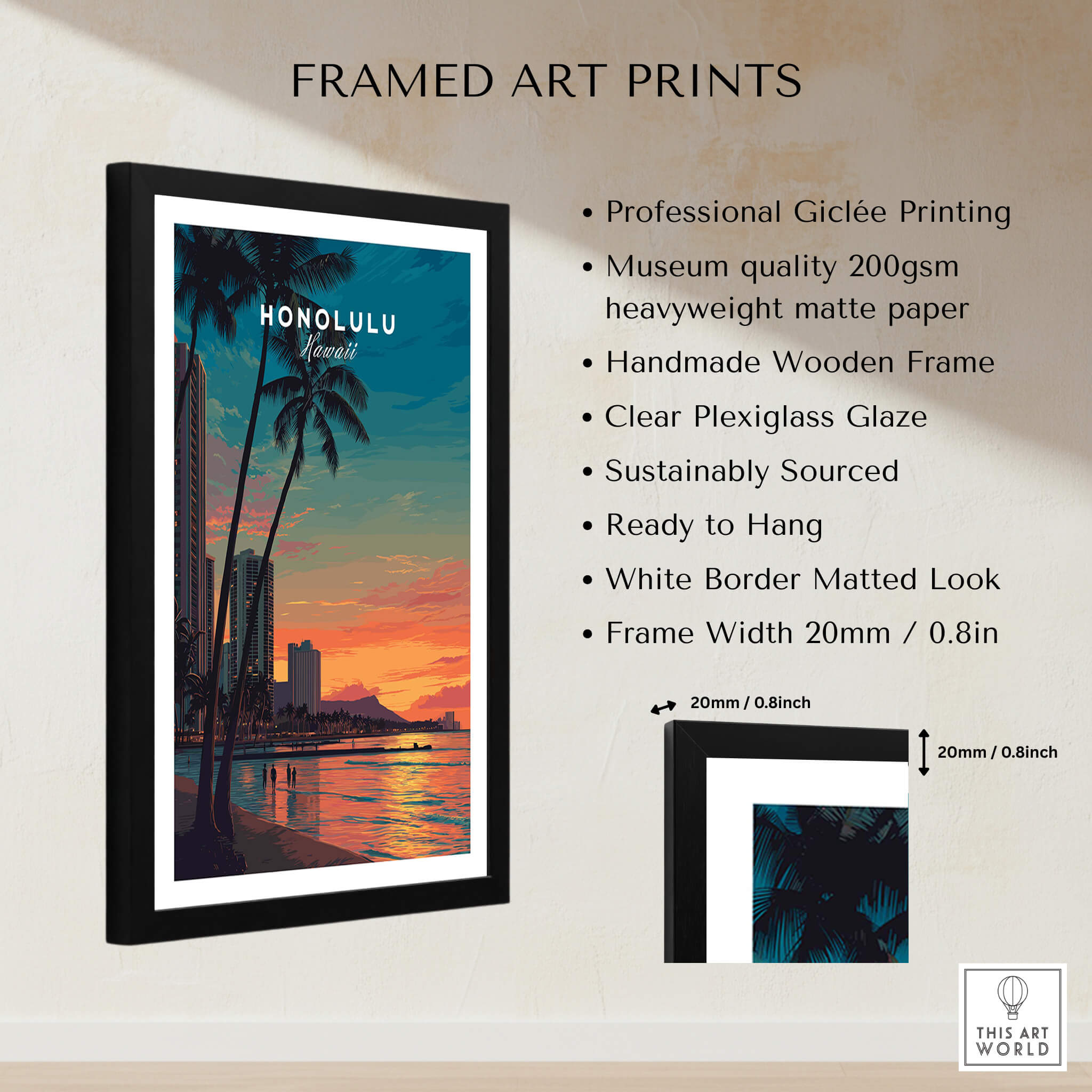 Honolulu Hawaii Travel Poster | Waikiki Sunset Cityscape Wall Art Print showcasing framed art print with professional quality.