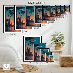 Honolulu Hawaii Travel Poster | Waikiki Sunset Cityscape Wall Art Print Size Guide showcasing different frame sizes.
