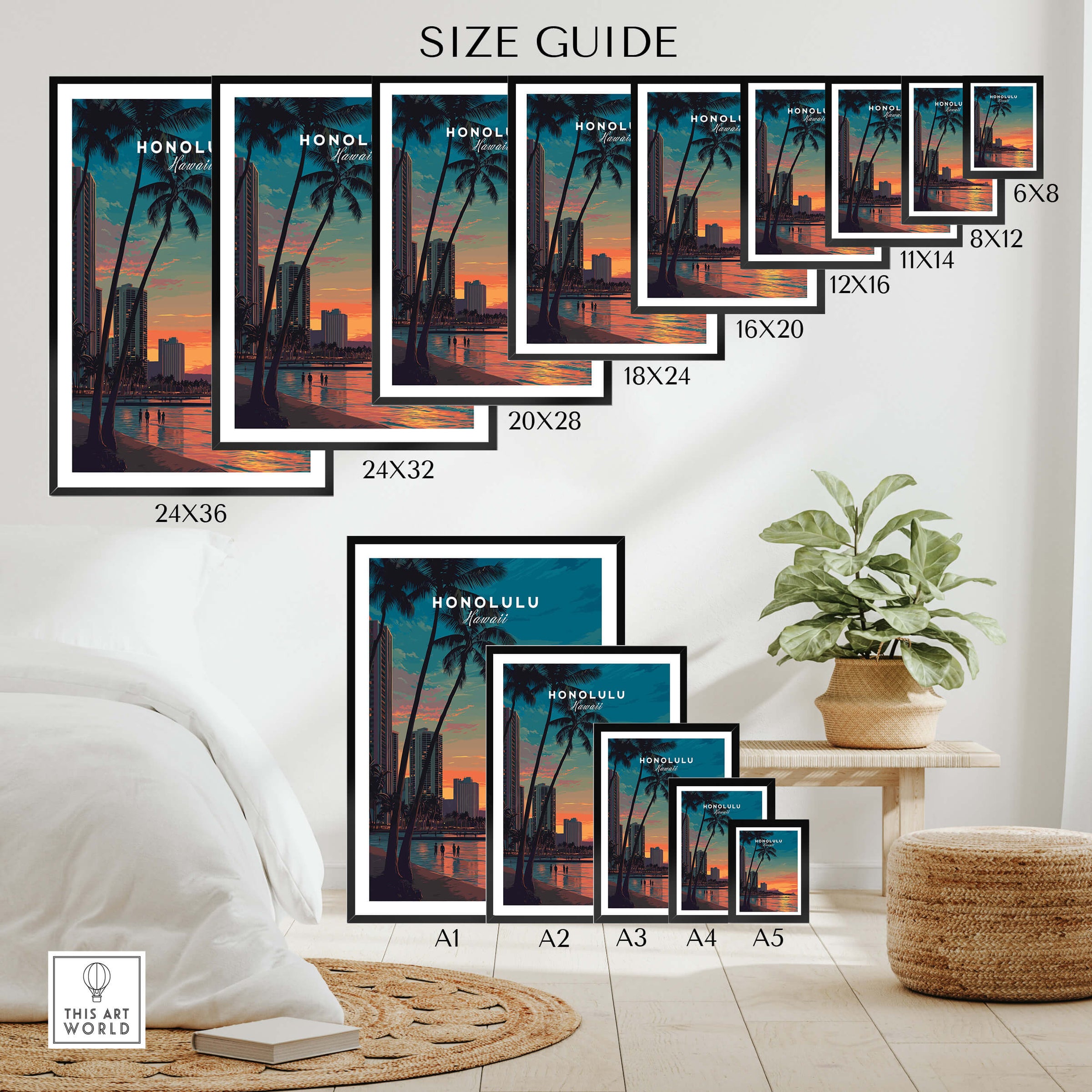 Honolulu Hawaii Travel Poster | Waikiki Sunset Cityscape Wall Art Print Size Guide showcasing different frame sizes.