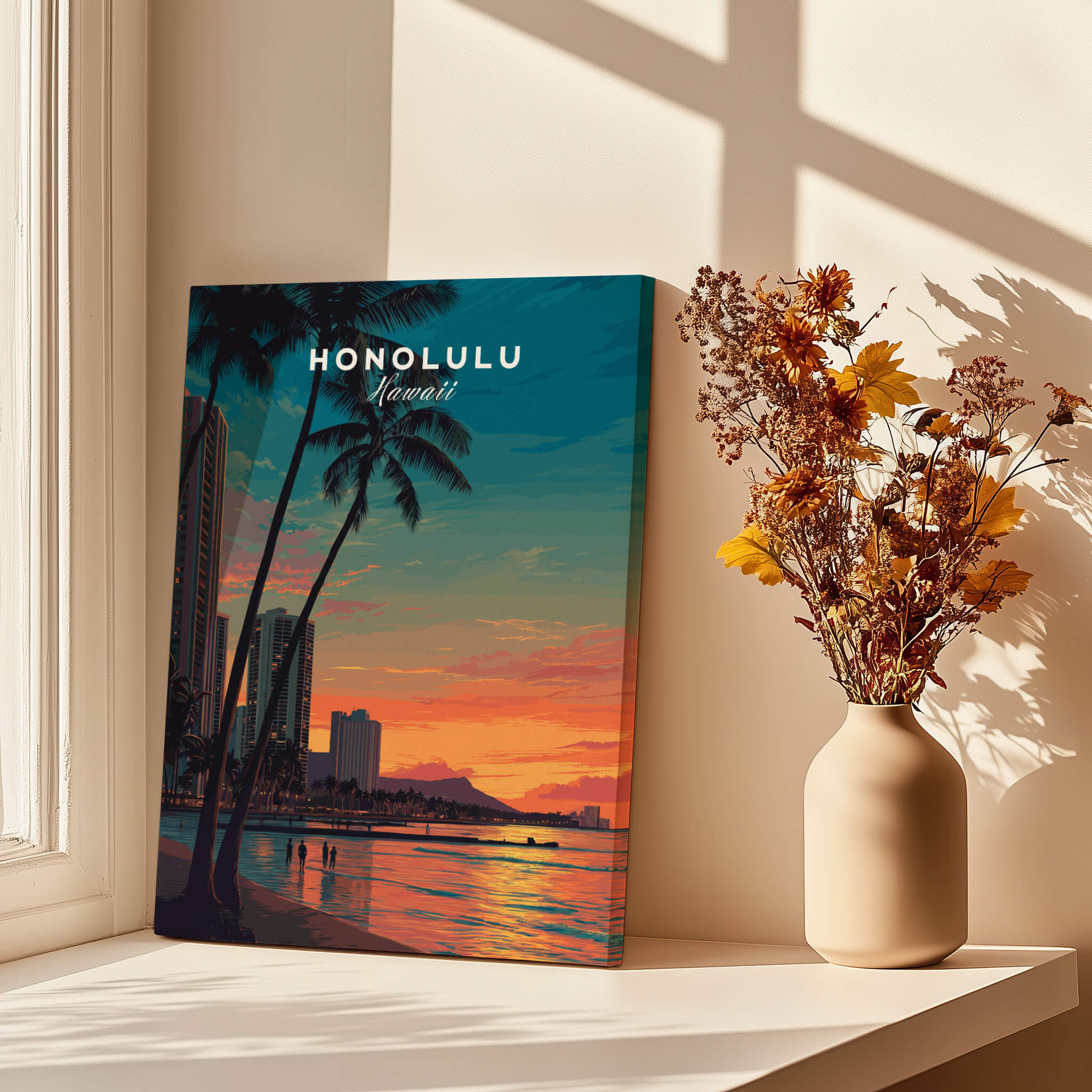 Honolulu Hawaii Travel Poster | Waikiki Sunset Cityscape Wall Art Print showcasing stunning sunset over urban landscape.