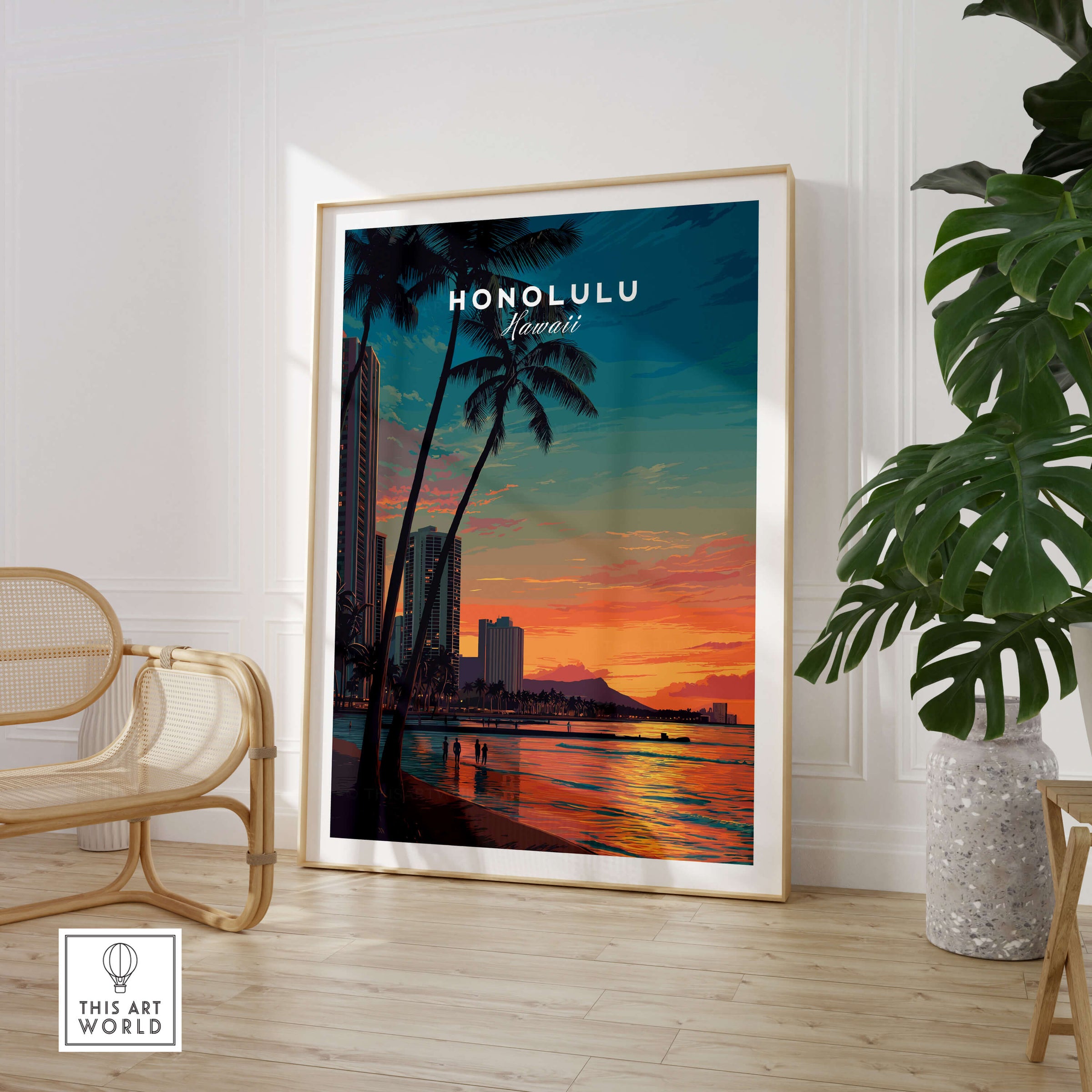 Honolulu Hawaii Travel Poster | Waikiki Sunset Cityscape Wall Art Print showcasing vibrant sunset and city skyline.