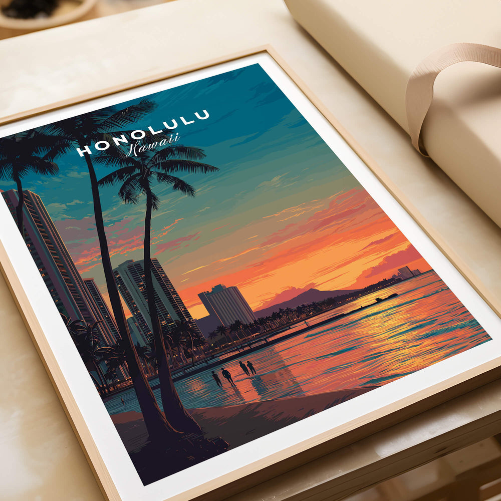 Honolulu Hawaii Travel Poster | Waikiki Sunset Cityscape Wall Art Print featuring a stunning sunset over the beach.