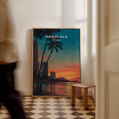 Honolulu Hawaii Travel Poster | Waikiki Sunset Cityscape Wall Art Print with stunning sunset and palm trees.
