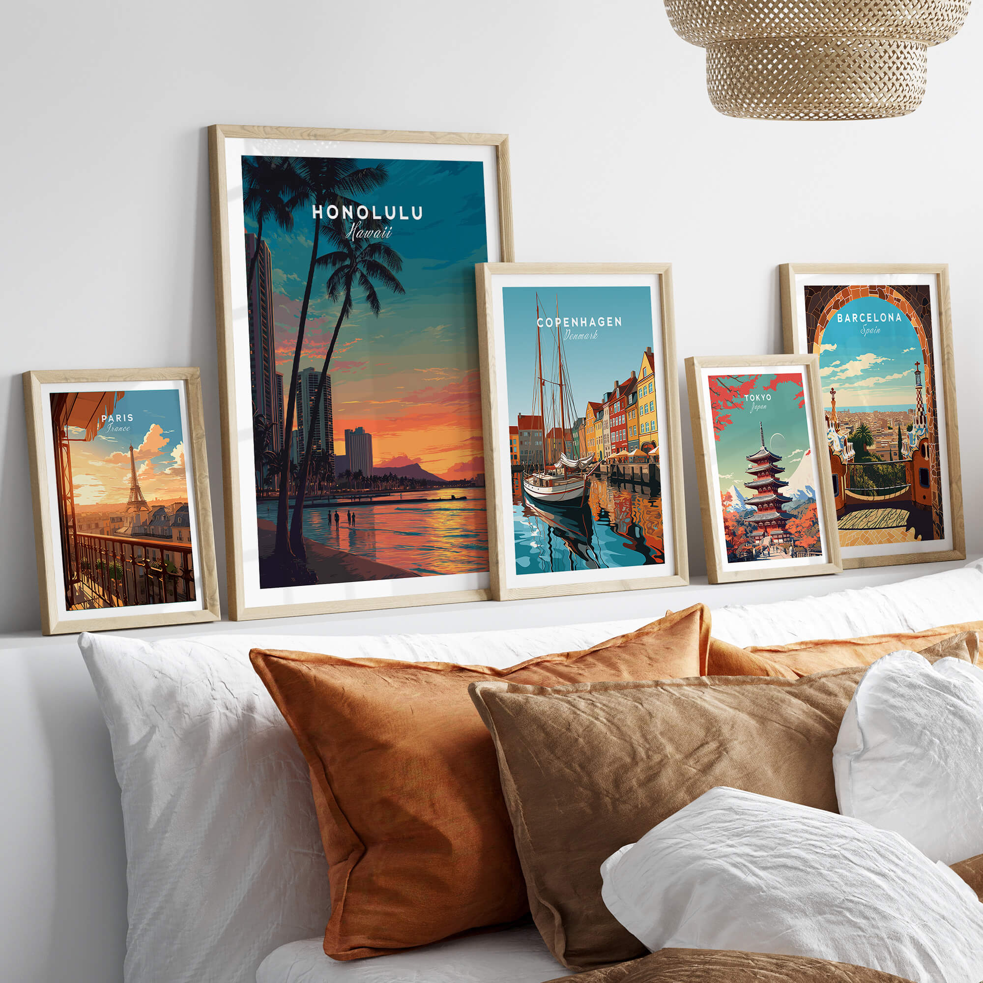 Honolulu Hawaii Travel Poster | Waikiki Sunset Cityscape Wall Art Print showcased among other travel posters in a modern interior.