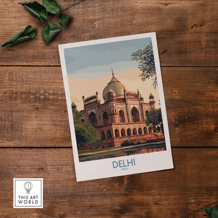 Delhi travel print featuring Humayun's Tomb, showcasing Mughal architecture with lush greenery.