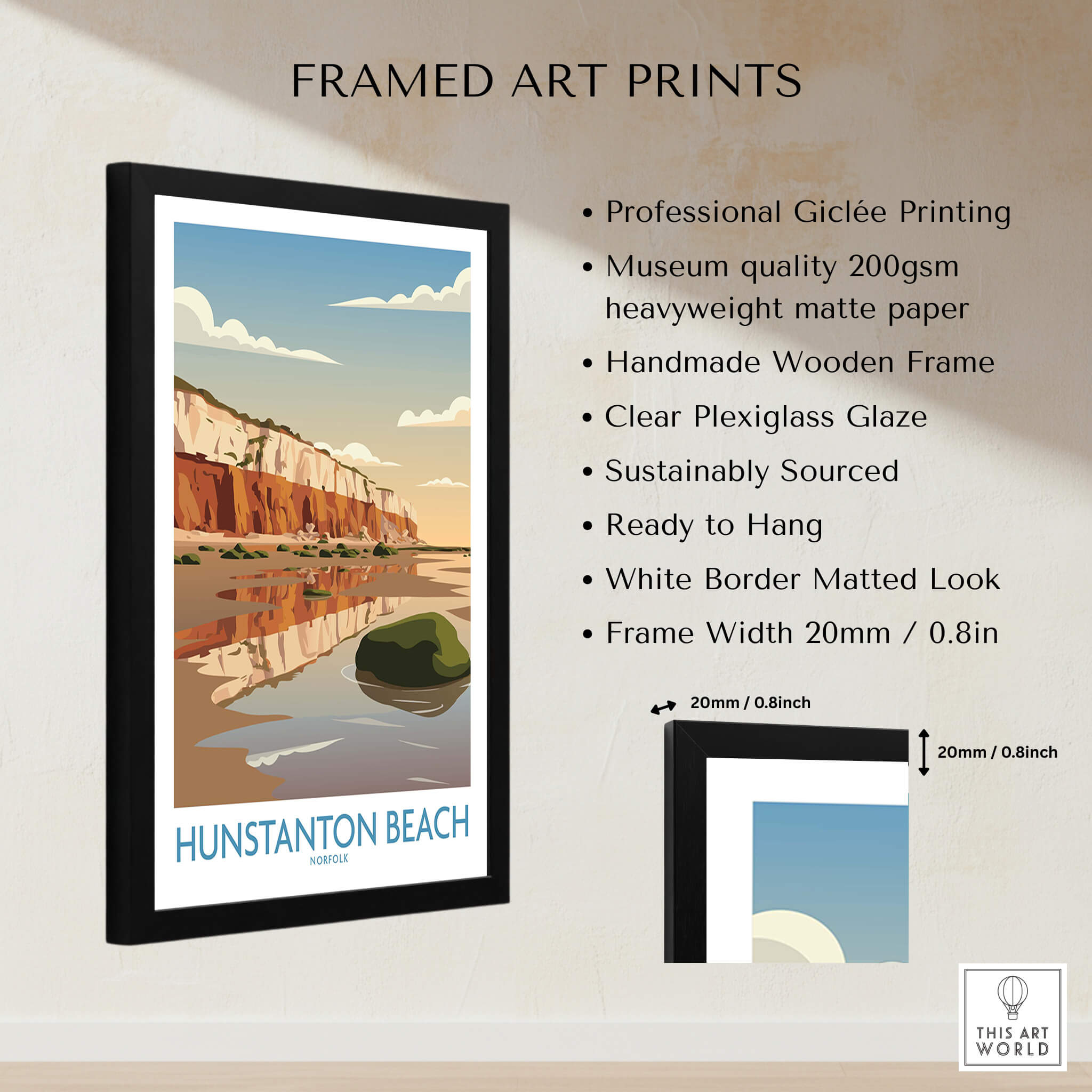 Hunstanton Beach Norfolk Poster | British Seaside Landscape Canvas Print framed art print with description and dimensions.